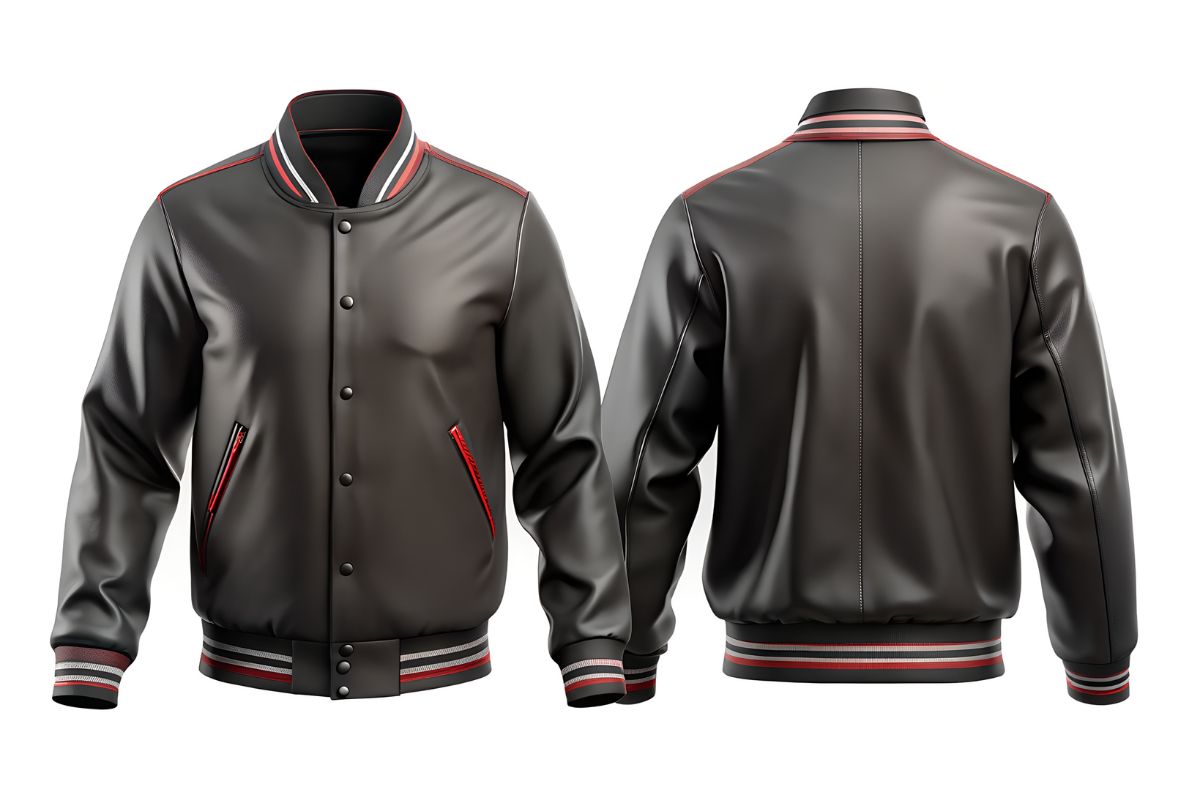 A leather bomber jacket is shown in the image