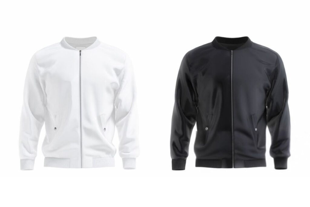 Two bomber jacket mockup designs are shown in the image