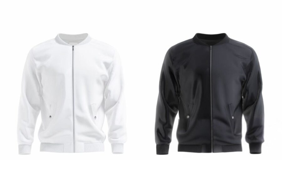 Two bomber jacket mockup designs are shown in the image