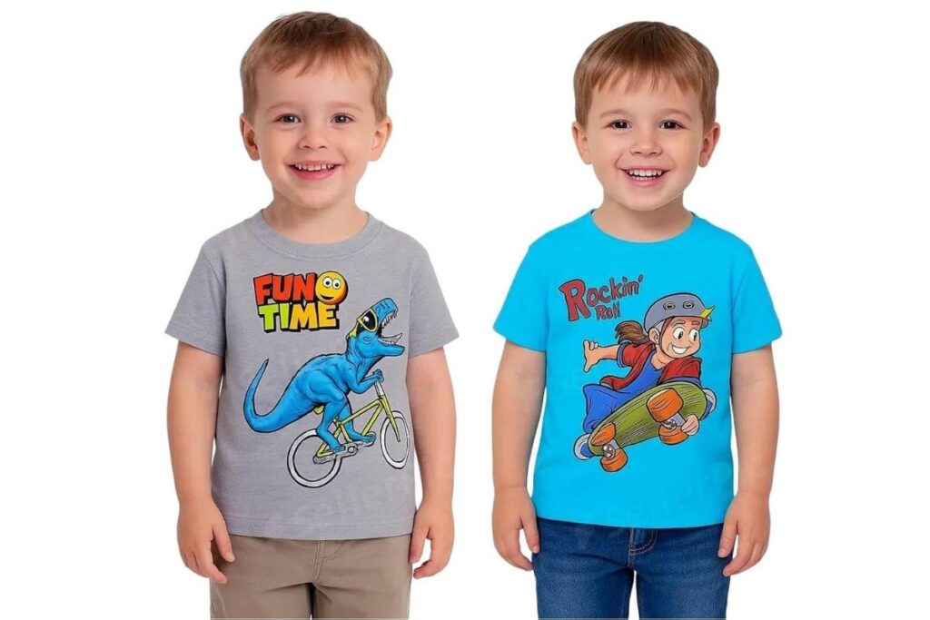 Two kids wearing trendy kids graphic tees