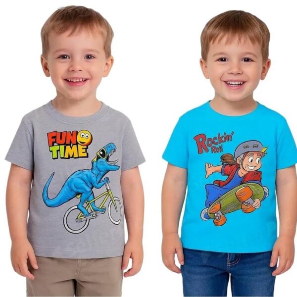 Two kids wearing trendy kids graphic tees