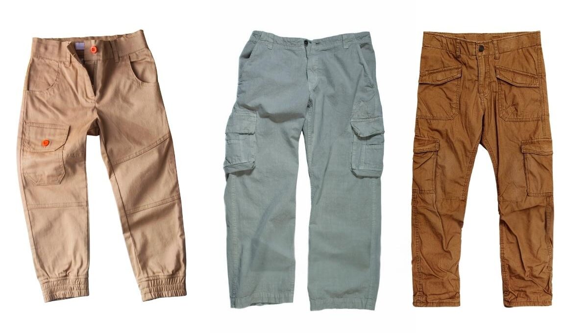 Three premium mens cargo pants displayed together in the image