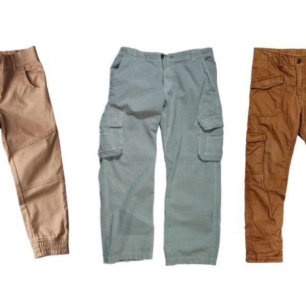 Three premium mens cargo pants displayed together in the image