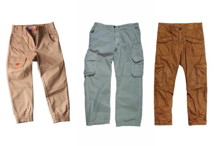 Three premium mens cargo pants displayed together in the image