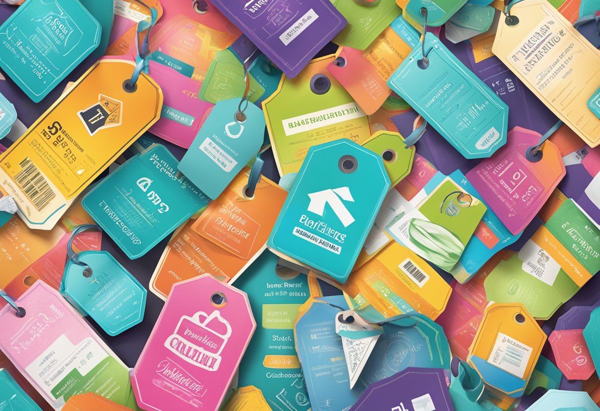 A colorful array of product tags arranged in a visually appealing manner, with emphasis on readability and relevance