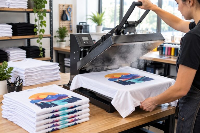 A heat press machine printing a custom design onto a t-shirt in a small print-on-demand workshop