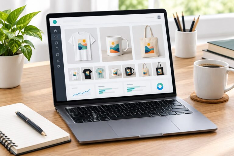 A laptop showing a print-on-demand storefront dashboard with product mockups on a clean desk