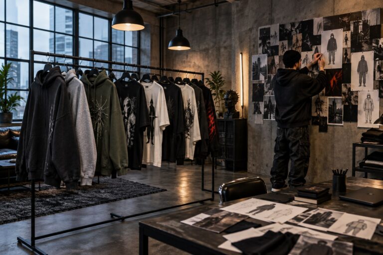 A rack of bold streetwear hoodies and graphic tees in an urban studio with design sketches on a mood board