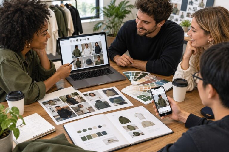 A team planning a clothing brand's social media marketing campaign with a laptop, phone, and brand style guide