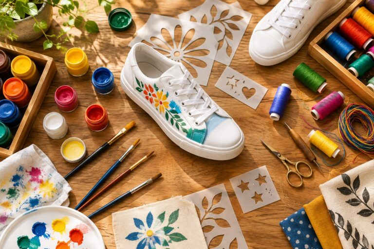 A workbench with DIY custom shoe-making supplies and a sneaker being hand-painted