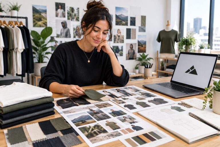 An entrepreneur planning a clothing brand with mood boards, fabric swatches, and folded t-shirts